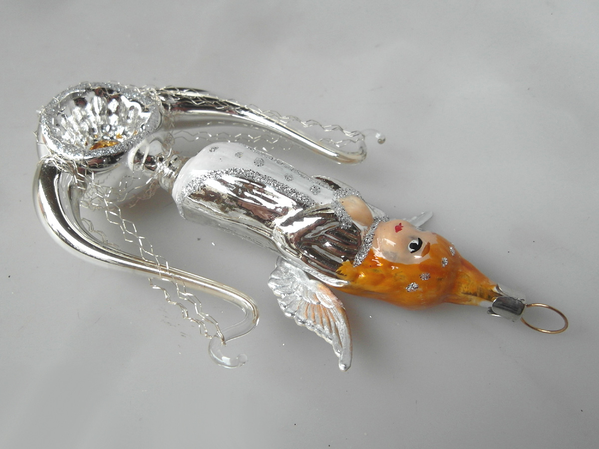 Silber Engelskind in Lyra Glimmer Nostalgie 1950 Lauscha Christbaumschmuck 